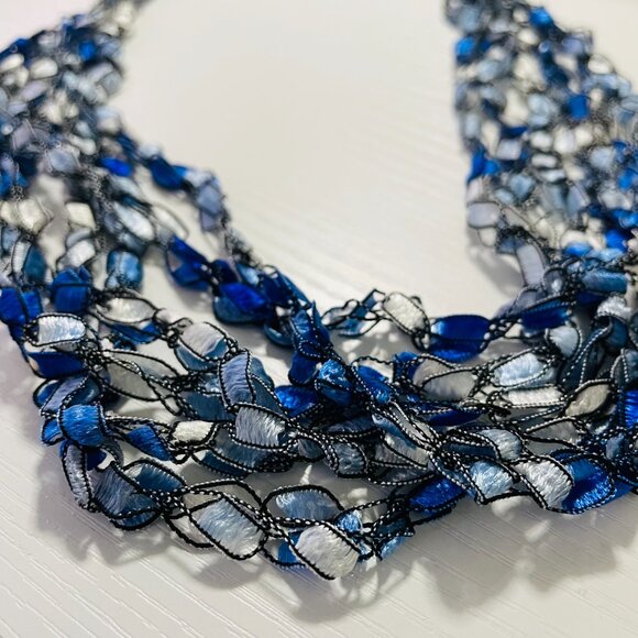 Blue Multi Strand Ribbon Necklace Lightweight Boho Collar - Picture 5 of 6